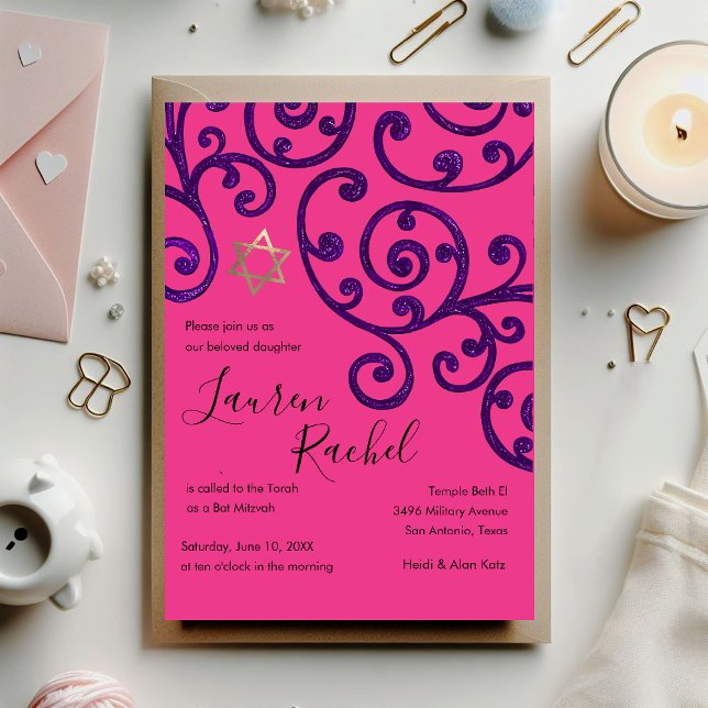 Bat Mitzvah Scroll Pattern Purple Invitation (Creator Uploaded)