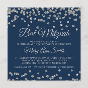 Bat Mitzvah Silver Faux Glitter Confetti Navy Blue Invitation