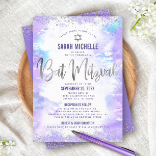 Bat Mitzvah Silver Glitter Purple Watercolor Bold Invitation