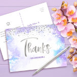 Bat Mitzvah Silver Script Purple Watercolor Thanks Postcard<br><div class="desc">Make sure your favourite Bat Mitzvah shows her appreciation to all who supported her milestone event! Send out this stunning, modern, sparkly silver faux foil handwritten script and tiny dots overlaying a light purple watercolor background, personalised thank you postcard. On the front, personalise with your Bat Mitzvah’s name. Add a...</div>
