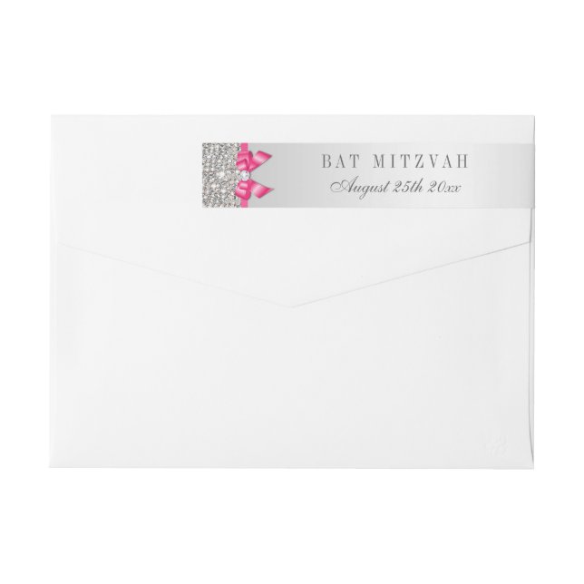 Bat Mitzvah Silver Sequins Hot Pink Bow Wrap Around Label (Back)