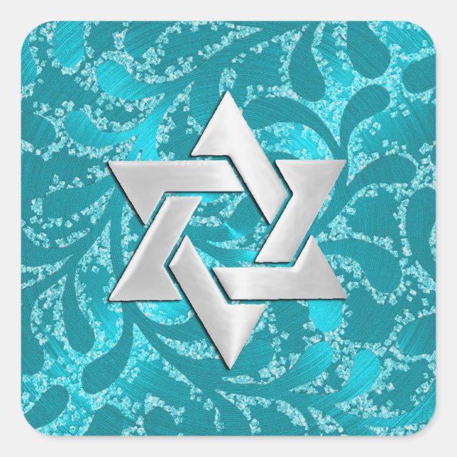 Bat Mitzvah Silver Star Turquoise Blue Damask Square Sticker (Front)