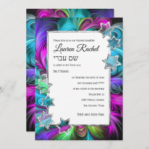 Bat Mitzvah Silver Stars Colourful Pastel Drawing Invitation