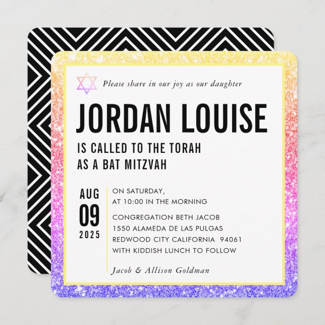 BAT MITZVAH simple modern chic rainbow glitter Invitation (Front/Back)