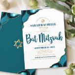 Bat Mitzvah Simple Modern Turquoise Agate Script Invitation<br><div class="desc">Be proud, rejoice and showcase this milestone of your favourite Bat Mitzvah! Send out this cool, unique, modern, personalised, Hebrew name invitation for an event to remember. Dark teal blue script typography and faux gold Star of David overlay simple, clean white background with turquoise blue agate accented with faux gold...</div>