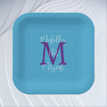 Bat Mitzvah Sky Blue Purple White Name Monogram Paper Plate<br><div class="desc">What a wonderful,  personalised paper plate for a Bat / Bas Mitzvah Party Reception.  Background is sky blue,  monogram is purple,  name is white.  Choose square or round.  All Rights Reserved © 2024 Alan & Marcia Socolik.</div>
