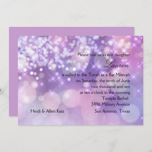 Bat Mitzvah Sparkle Lights Purple and Pink Invitation (Front/Back)
