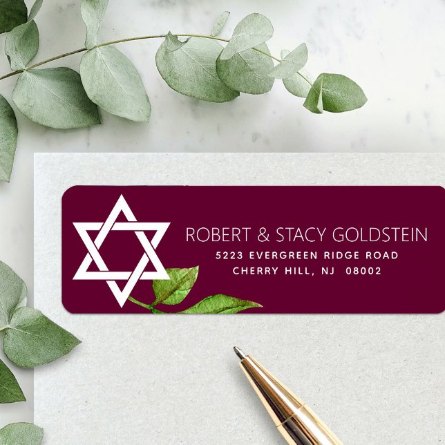 Bat Mitzvah Star of David Burgundy Return Address Label (Creator Uploaded)