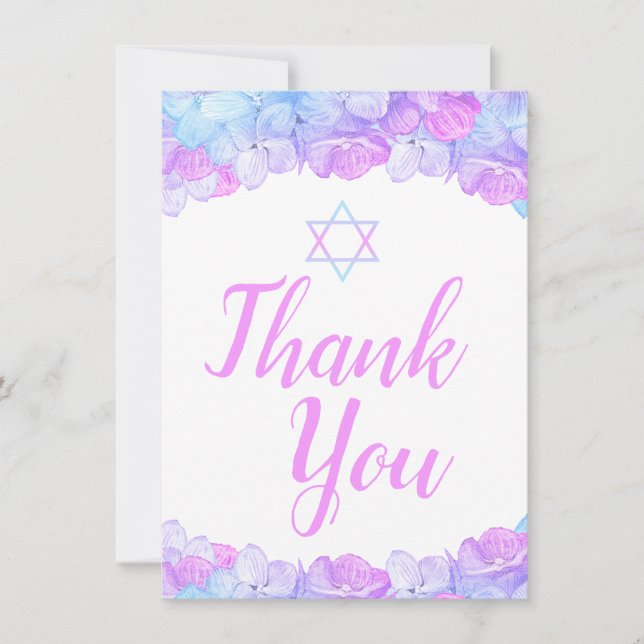Bat Mitzvah Star of David Floral Pink Hydrangea Thank You Card (Front)