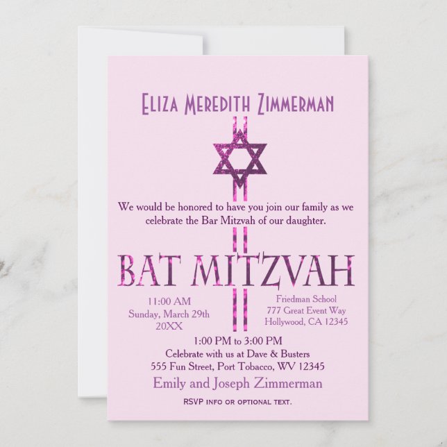 Bat Mitzvah | Star of David | Pink Invitation (Front)