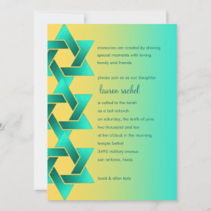 Bat Mitzvah Star of David Yellow Aqua Invitation