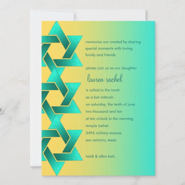 Bat Mitzvah Star of David Yellow Aqua Invitation (Front)
