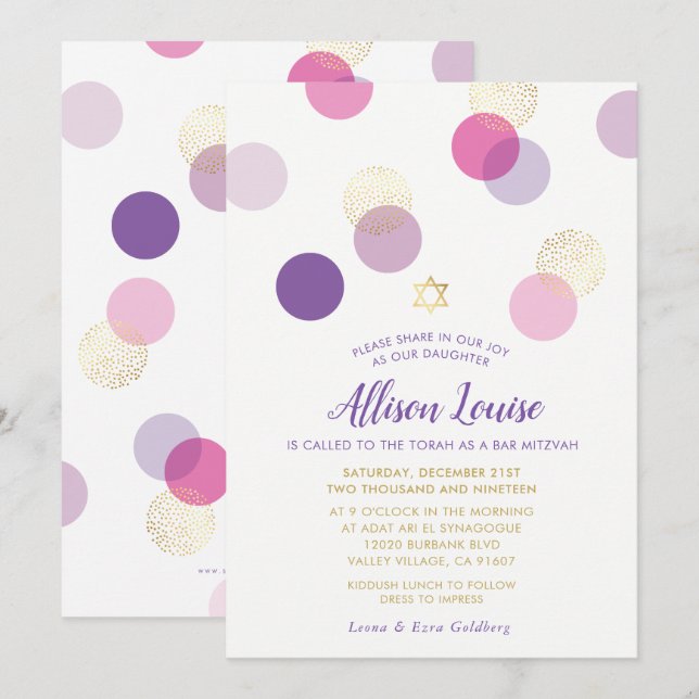 BAT MITZVAH stylish confetti spot gold pink purple Invitation (Front/Back)