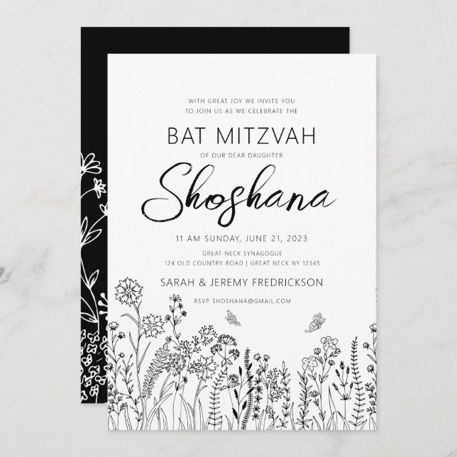 Bat Mitzvah Stylish Script Floral Sketch Invitation (Front/Back)