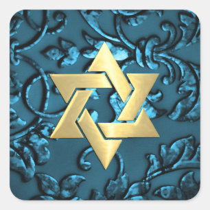 Bat Mitzvah Teal Blue Damask with Gold Square Sticker
