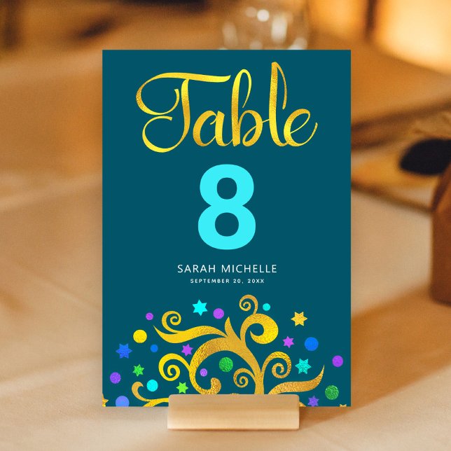 Bat Mitzvah Teal Blue Gold Foil Tree Life Modern Table Number (Creator Uploaded)