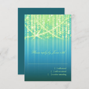 Bat Mitzvah Teal Blue Lime Green Sparkly ights RSVP Card