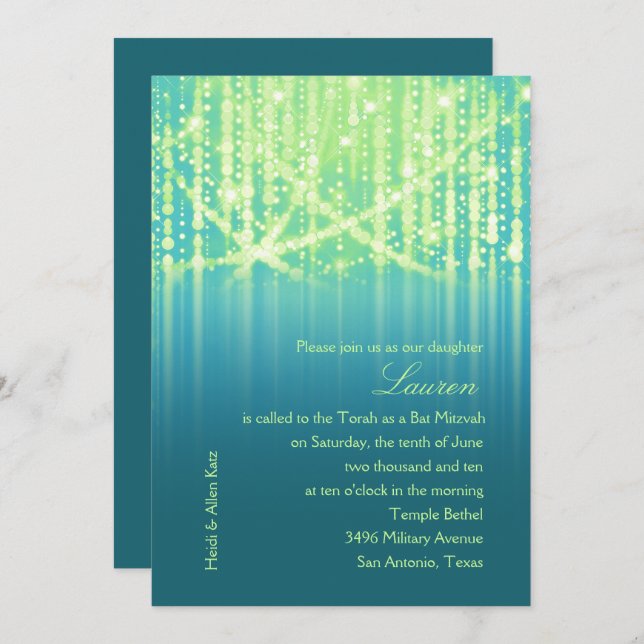 Bat Mitzvah Teal Blue Lime Green Sparkly Lights Invitation (Front/Back)
