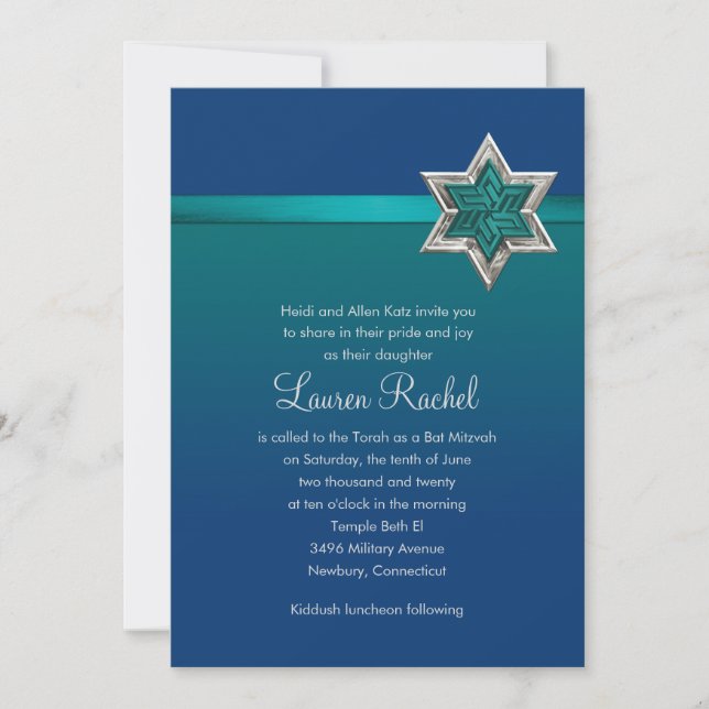 Bat Mitzvah Teal Blue Ombre Ribbon and Star Invitation (Front)
