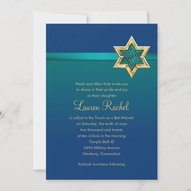 Bat Mitzvah Teal Blue Ombre Ribbon and Star Invitation (Front)