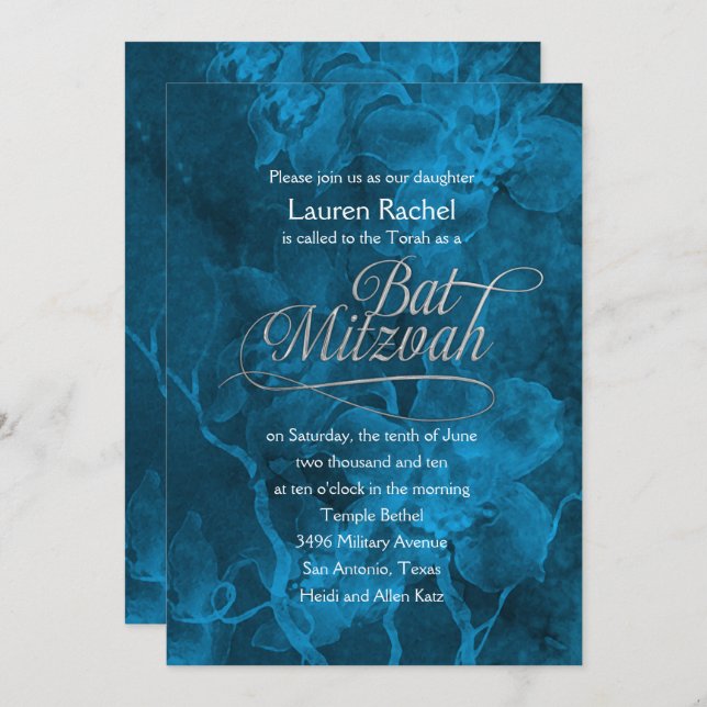 Bat Mitzvah Teal Blue Watercolor Flowers Invitation (Front/Back)