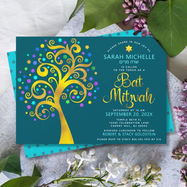 Bat Mitzvah Teal Gold Foil Script Tree of Life Invitation (Creator Uploaded)