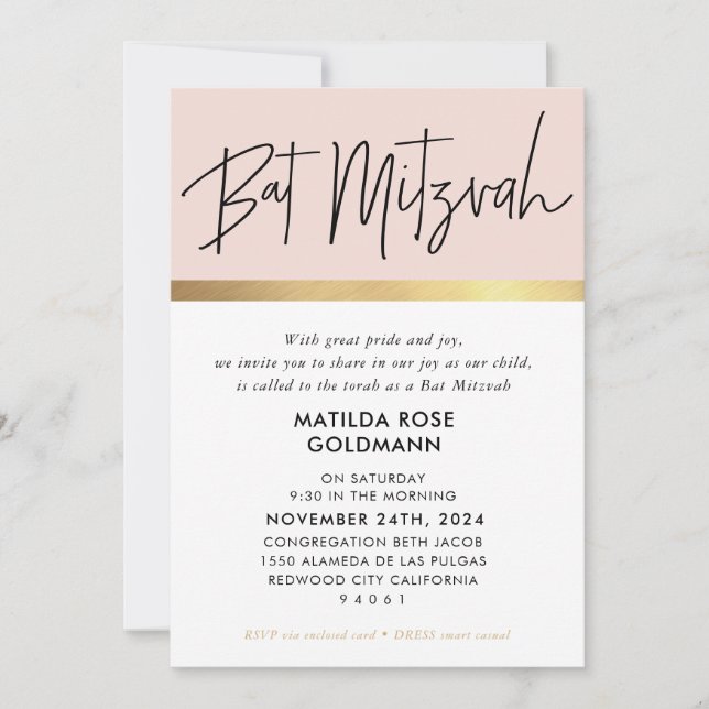 BAT MITZVAH trendy modern blush pink black gold Invitation (Front)
