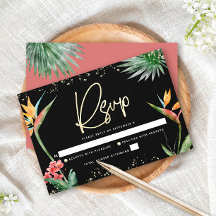Bat Mitzvah Tropical Black Gold Palm Watercolor RSVP Card