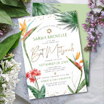 Bat Mitzvah Tropical Floral Watercolor Gold Script Invitation<br><div class="desc">Be proud, rejoice and showcase this milestone of your favourite Bat Mitzvah with this sophisticated, personalised invitation! Stylish, stunning, colourful, tropical watercolor birds of paradise flowers, faux gold handwritten script, Star of David and glitter dots, along with green and grey modern sans serif type, overlay a white background. Additional watercolor...</div>