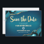Bat Mitzvah Turquoise Agate Ombre Gold Script Chic Save The Date<br><div class="desc">Make sure all your friends and relatives will be able to celebrate your daughter’s milestone Bat Mitzvah! Send out this cool, unique, modern, personalised “Save the Date” announcement card. Faux gold script calligraphy, white sans serif typography and a white Star of David overlay a deep turquoise teal blue ombre background...</div>