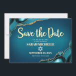 Bat Mitzvah Turquoise Agate Ombre Gold Script Chic Save The Date<br><div class="desc">Make sure all your friends and relatives will be able to celebrate your daughter’s milestone Bat Mitzvah! Send out this cool, unique, modern, personalised “Save the Date” announcement card. Faux gold script calligraphy, white sans serif typography and a white Star of David overlay a deep turquoise teal blue ombre background...</div>