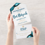 Bat Mitzvah Turquoise Agate Script Bold Modern All In One Invitation<br><div class="desc">Be proud, rejoice and showcase this milestone of your favourite Bat Mitzvah! Send out this cool, unique, modern, custom all-in-one invitation for an event to remember. Dark teal blue script typography and faux gold Star of David overlay simple, clean white background with turquoise blue agate accented with faux gold veins....</div>