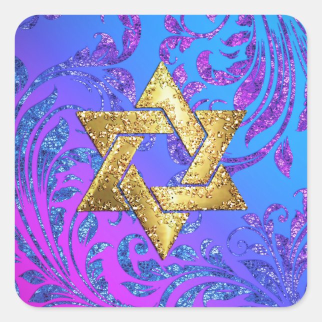 Bat Mitzvah Turquoise and Pink Glittery Damask Square Sticker (Front)