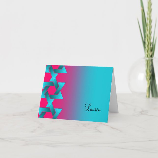 Bat Mitzvah Turquoise and Pink Ombre Star of David Note Card (Front)