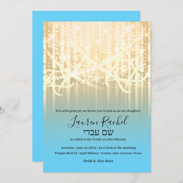 Bat Mitzvah Turquoise Blue Gold Sparkly Lights Invitation (Front/Back)