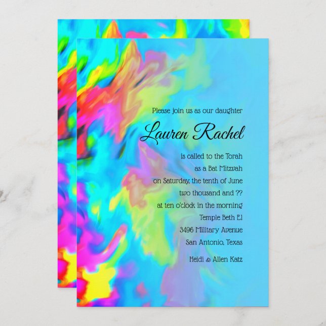 Bat Mitzvah Turquoise Blue Lime Pink Tie Dye Invitation (Front/Back)