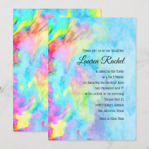 Bat Mitzvah Turquoise Blue Lime Pink Tie Dye Invitation