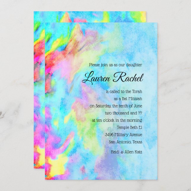 Bat Mitzvah Turquoise Blue Lime Pink Tie Dye Invitation (Front/Back)