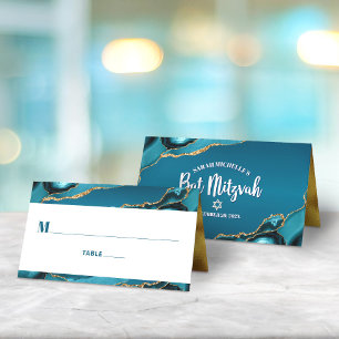 Bat Mitzvah Turquoise Blue Ombre Gold Agate Modern Place Card