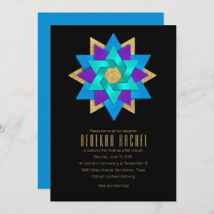Bat Mitzvah Turquoise Blue Purple Aqua Star Flower Invitation