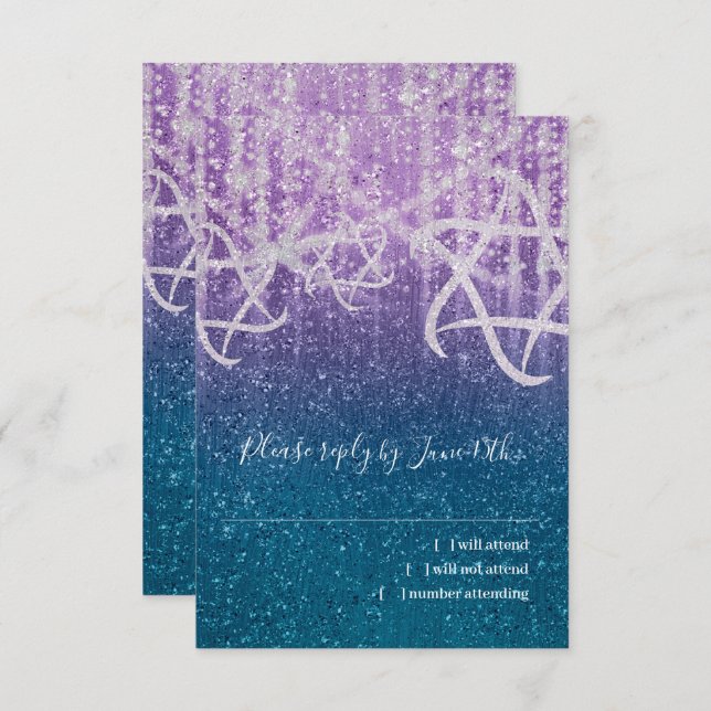 Bat Mitzvah Turquoise Blue Purple Extra Sparkly RSVP Card (Front/Back)