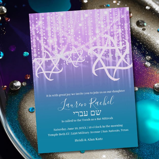 Bat Mitzvah Turquoise Blue Purple Sparkly Lights Invitation (Creator Uploaded)