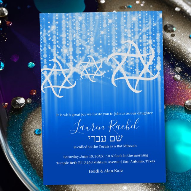 Bat Mitzvah Turquoise Blue White Sparkly Lights Invitation (Creator Uploaded)