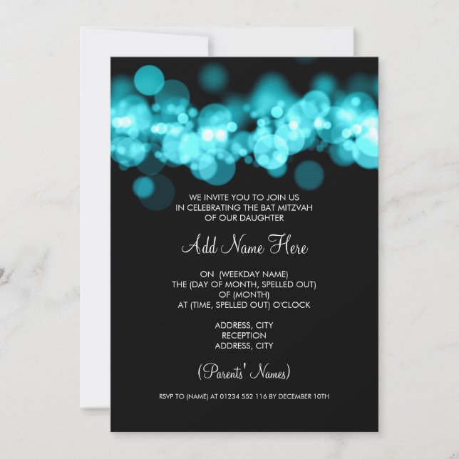 Bat Mitzvah Turquoise Bokeh Lights Invitation (Front)