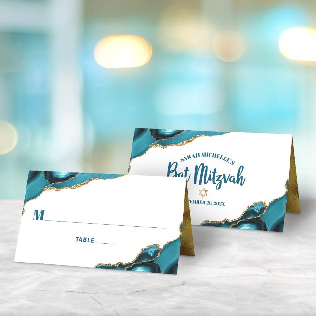 Bat Mitzvah Turquoise Gold Agate Simple Modern Place Card (Creator Uploaded)