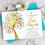 Bat Mitzvah Turquoise Gold Modern Tree of Life Invitation<br><div class="desc">Be proud, rejoice and showcase this milestone of your favourite Bat Mitzvah! This graphic faux gold foil tree with sparkly turquoise, teal, purple and blue Star of David and dot “leaves” on a white background is the perfect invitation for this special occasion. A tiny, light turquoise blue Star of David...</div>