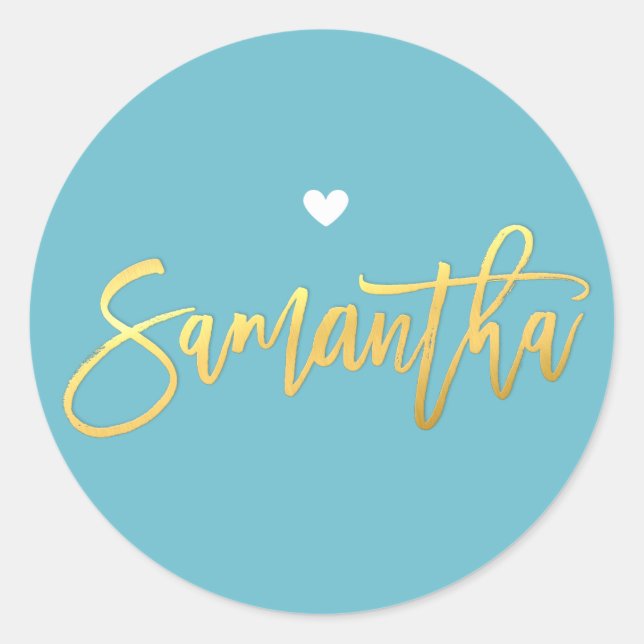 BAT MITZVAH turquoise gold script SAMANTHA Classic Round Sticker (Front)