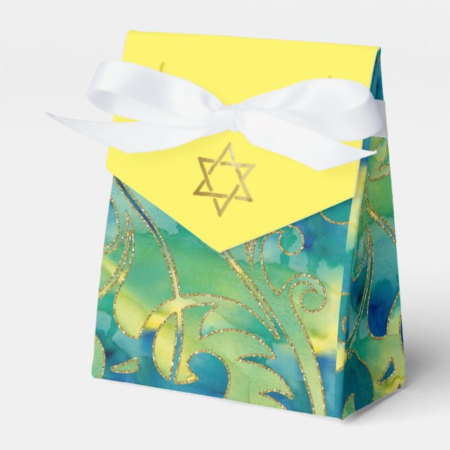 Bat Mitzvah Turquoise Green Yellow Watercolor Favour Box (Front Side)