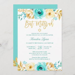Bat Mitzvah   Turquoise Mint Gold Floral Invitation