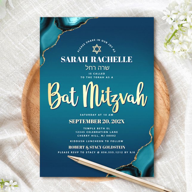 Bat Mitzvah Turquoise Ombre Agate Gold Script Bold Invitation (Creator Uploaded)